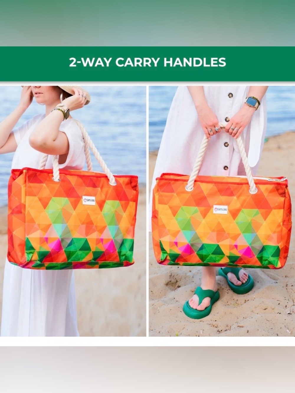 Large Colorful Geometric Rope-Handle Tote for Beach/Pool - Picture 4 of 16